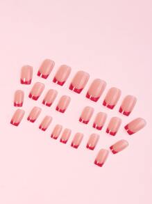 Eleve su estilo con 24 uñas postizas francesas rojas cuadradas cortas para mujeres y niñas - Multicolor - Ver 4