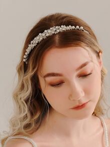 1件珍珠水钻焊接新娘发箍，闪亮简约发圈，生日礼物情人节配饰