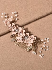 Lược chải tóc trang trí hoa và ngọc trai giả - Hồng - Xem 1
