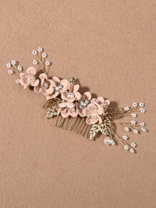 Lược chải tóc trang trí hoa và ngọc trai giả - Hồng - Xem 2