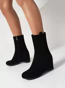 Side Zip Faux Suede Wedge Boots - Black - View 1