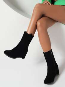 Side Zip Faux Suede Wedge Boots - Black - View 2