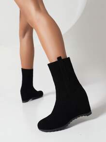 Side Zip Faux Suede Wedge Boots - Black - View 4