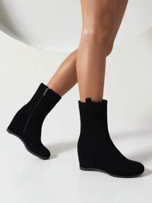 Side Zip Faux Suede Wedge Boots - Black - View 5