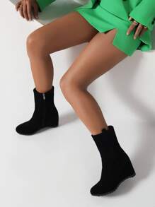 Side Zip Faux Suede Wedge Boots - Black - View 6