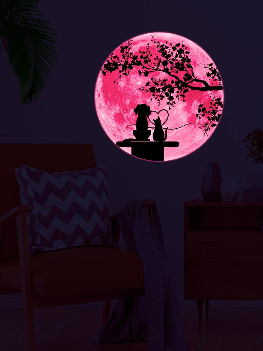 1 pieza Pegatina de pared luna & árbol - Rosa - Ver 1