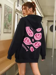 SHEIN EZwear Letter & Expression Print Drop Shoulder Drawstring Thermal Hoodie - Black - View 1