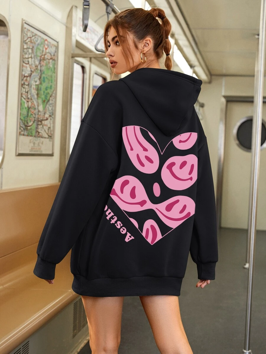 SHEIN EZwear Letter & Expression Print Drop Shoulder Drawstring Thermal Hoodie - Black - View 1