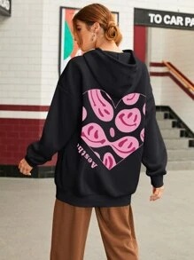 SHEIN EZwear Letter & Expression Print Drop Shoulder Drawstring Thermal Hoodie - Black - View 2