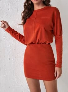 SHEIN Clasi 素色蝙蝠袖緊身洋裝 - 亮橙色 - 查看 4