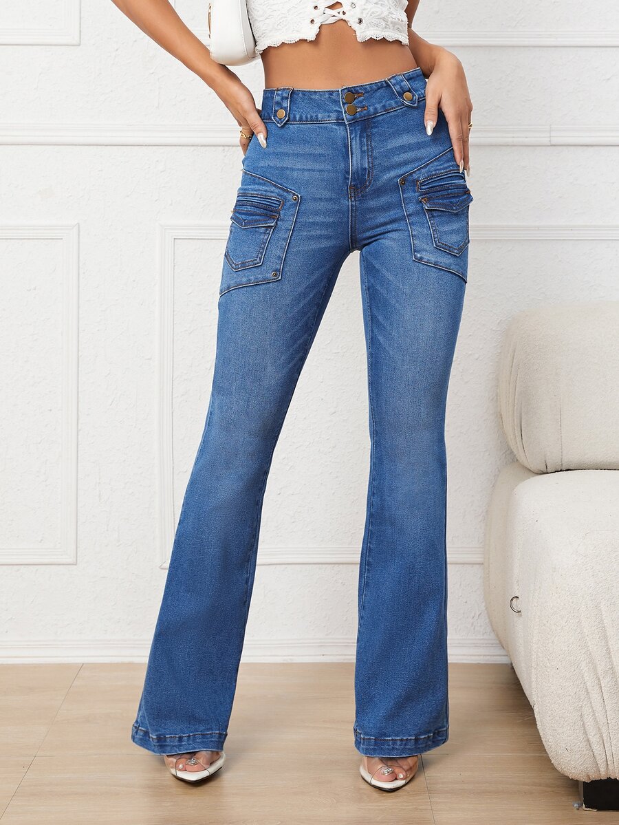 Flap Pocket Flare Leg Jeans - Medium Wash - View 1