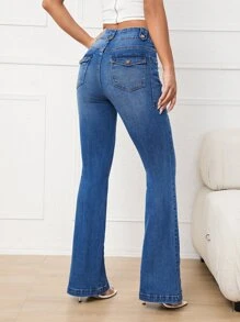 Flap Pocket Flare Leg Jeans - Medium Wash - View 2