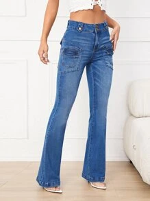 Flap Pocket Flare Leg Jeans - Medium Wash - View 3