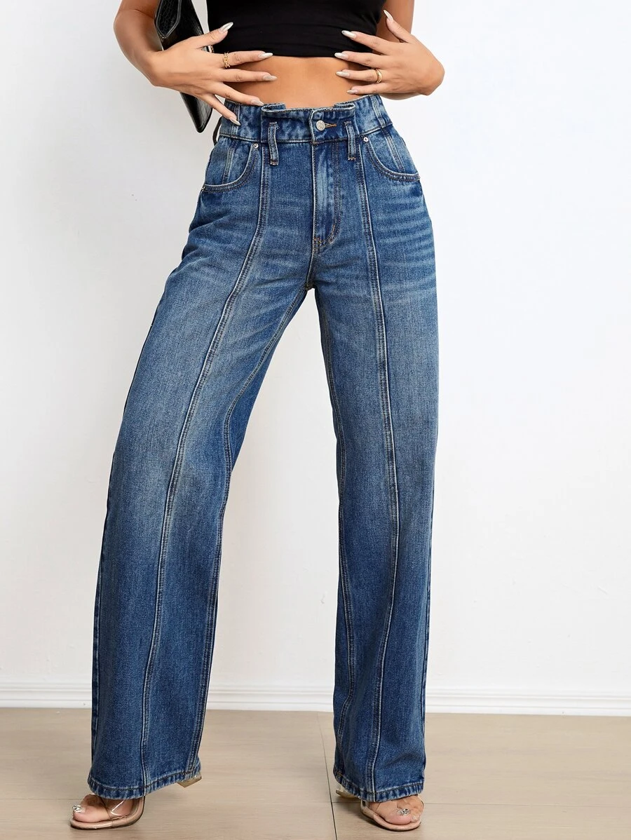 SHEIN Essnce Quần jean nữ Nút Túi Dây kéo màu trơn - Rửa tối - Xem 1