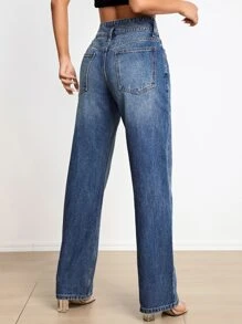 SHEIN Essnce Quần jean nữ Nút Túi Dây kéo màu trơn - Rửa tối - Xem 2