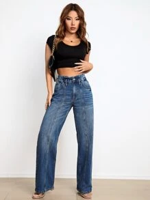 SHEIN Essnce Quần jean nữ Nút Túi Dây kéo màu trơn - Rửa tối - Xem 3