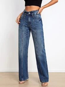 SHEIN Essnce Quần jean nữ Nút Túi Dây kéo màu trơn - Rửa tối - Xem 4