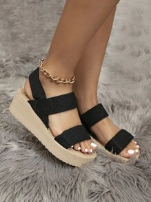 Minimalist Slingback Wedge Sandals, Black Vacation Solid Color Wedge Sandals - Black - View 3