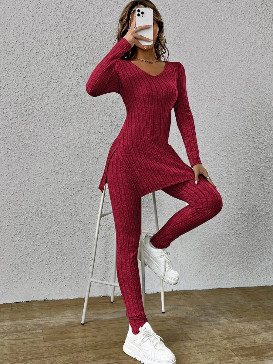 SHEIN Essnce Split Hem Tee & Leggings - Burgundy - View 1