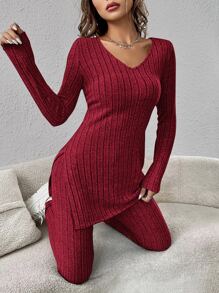 SHEIN Essnce Split Hem Tee & Leggings - Burgundy - View 3