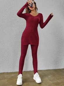SHEIN Essnce Split Hem Tee & Leggings - Burgundy - View 6