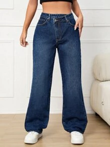 Stepped Waist Wide Leg Jeans - Dark Wash - View 1