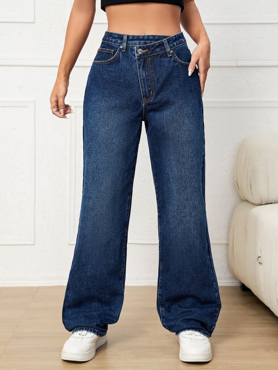 Stepped Waist Wide Leg Jeans - Dark Wash - View 1