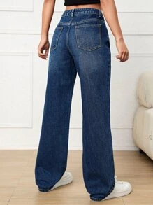 Stepped Waist Wide Leg Jeans - Dark Wash - View 2