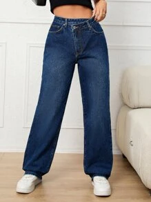 Stepped Waist Wide Leg Jeans - Dark Wash - View 4