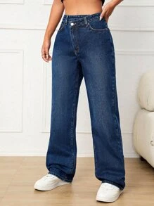 Stepped Waist Wide Leg Jeans - Dark Wash - View 5