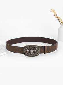 1pc Men Bull Head Detail Cowboy Buckle Belt For Daily Life Boho - Coffee Brown - View 2