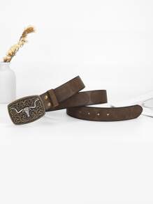 1pc Men Bull Head Detail Cowboy Buckle Belt For Daily Life Boho - Coffee Brown - View 4