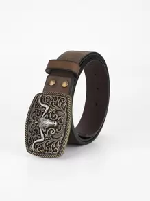 1pc Men Bull Head Detail Cowboy Buckle Belt For Daily Life Boho - Coffee Brown - View 5