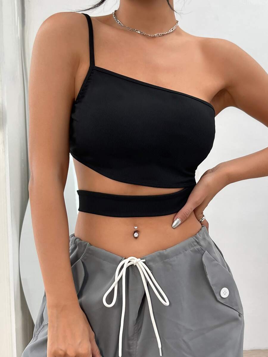 SHEIN BAE One Shoulder Cut Out Waist Crop Top - Black - View 1
