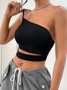 SHEIN BAE One Shoulder Cut Out Waist Crop Top - Black - View 3