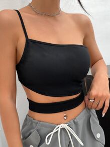 SHEIN BAE One Shoulder Cut Out Waist Crop Top - Black - View 5