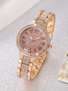 1 Nữ Hoa Hồng Vàng Kim Cương Giả Trang Trí Hợp Kim Kẽm Dây Đeo Quyến Rũ Mặt Tròn Đồng Hồ Thạch Anh & 1 Dây Chuyền Vòng Tay, Cho Quà Tặng - Hoa hồng vàng - Xem 3