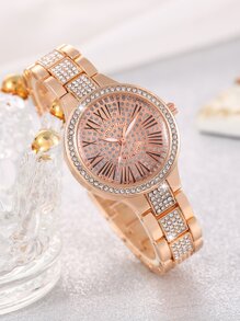 1 Nữ Hoa Hồng Vàng Kim Cương Giả Trang Trí Hợp Kim Kẽm Dây Đeo Quyến Rũ Mặt Tròn Đồng Hồ Thạch Anh & 1 Dây Chuyền Vòng Tay, Cho Quà Tặng - Hoa hồng vàng - Xem 4