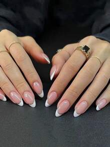 用24片长杏仁法式亮片全覆盖可拆卸假指甲、1片胶带和1个指甲锉，瞬间提升您的美甲造型，专为女性和女孩设计。 - 彩色 - 查看 1