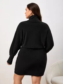 SHEIN Privé Vestido cuello alto de manga murciélago fruncido - Negro - Ver 2
