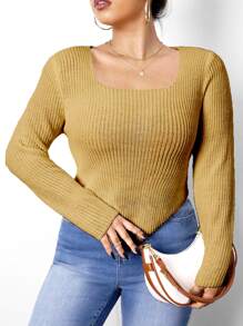 Celure Plus Scoop Neck Asymmetrical Hem Jumper - Khaki - View 1