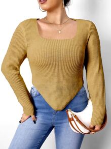 Celure Plus Scoop Neck Asymmetrical Hem Jumper - Khaki - View 3