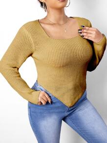 Celure Plus Scoop Neck Asymmetrical Hem Jumper - Khaki - View 4