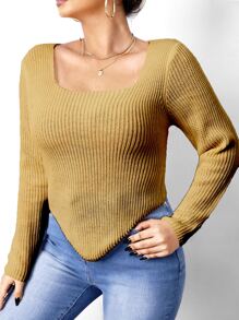 Celure Plus Scoop Neck Asymmetrical Hem Jumper - Khaki - View 5