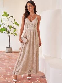 花卉蕾絲拖地吊帶洋裝