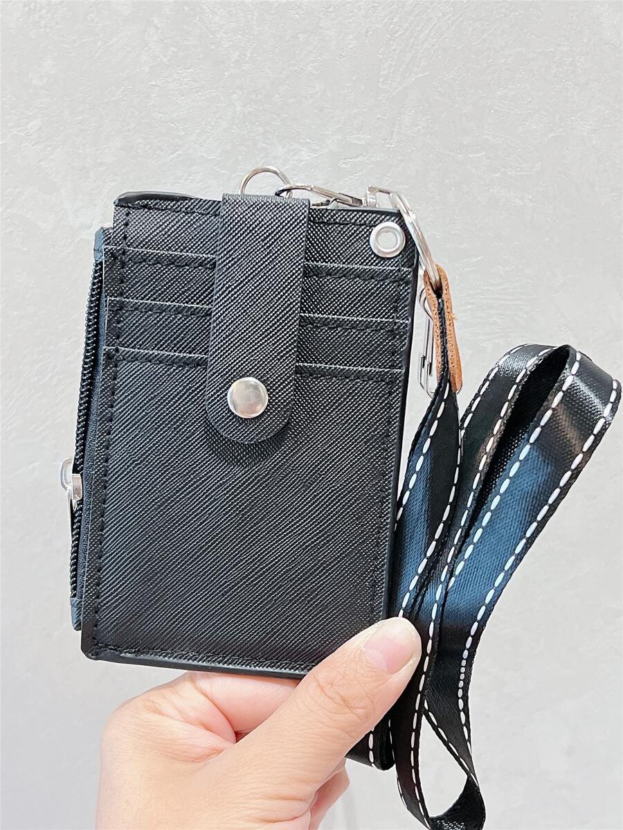 1pc Plain Card Cover With Lanyard - Black - View 1