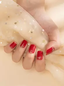 24pcs Short Square Glitter Fake Nail & 1pc Nail File & 1sheet Tape Nails - Multicolor - View 1