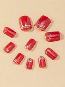 24pcs Short Square Glitter Fake Nail & 1pc Nail File & 1sheet Tape Nails - Multicolor - View 6