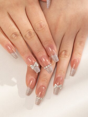 Instantly Upgrade Your Look With 24pcs Long Coffin Glitter Rhinestone 3D Bow Decor Fake Nail & 1pc Nail File & 1sheet Tape Press On Nails Nail Supplies