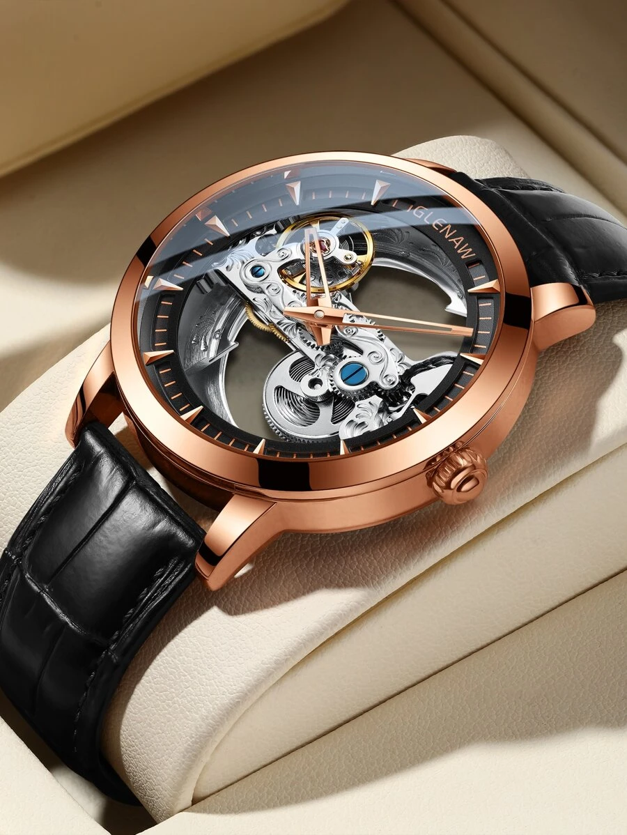 Men Hollow Out Pointer Mechanical Watch - Rose Gold - View 1